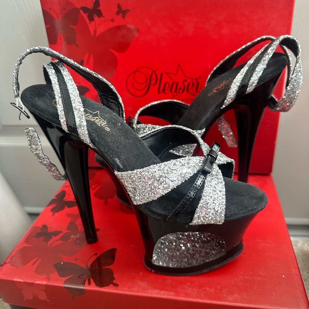 Pleaser Silver Glitter Platform Heels View 2